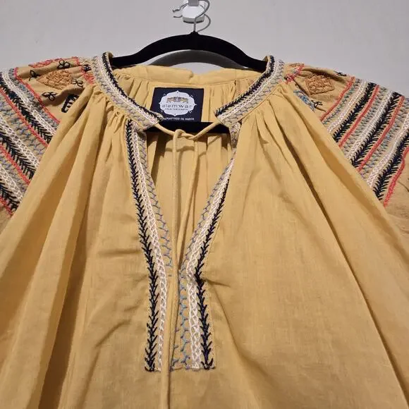 ALAMWAR Anthropologie Peasant Top Womens SM Gold Embroidery Tassel Boho Festival - Picture 4 of 13